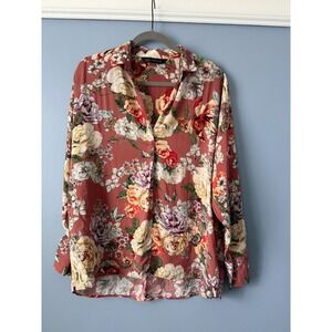 Zara Women's Dusty Pink Floral Tunic Long Sleeve Deep V-Neck Collared Size Small